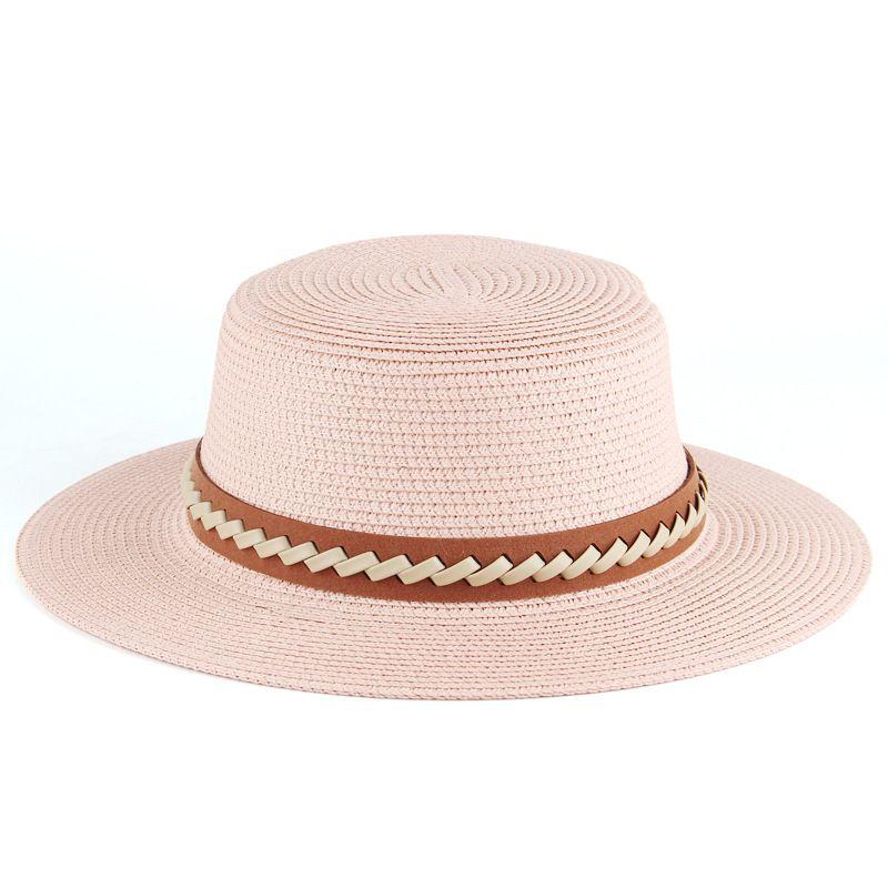Летняя женская соломенная шляпа, простая повседневная шляпа от солнца для улицы, шляпа-котелок, шляпа с плоским верхом, соломенная плетеная шляпа M(56-58cm) светло-розовый