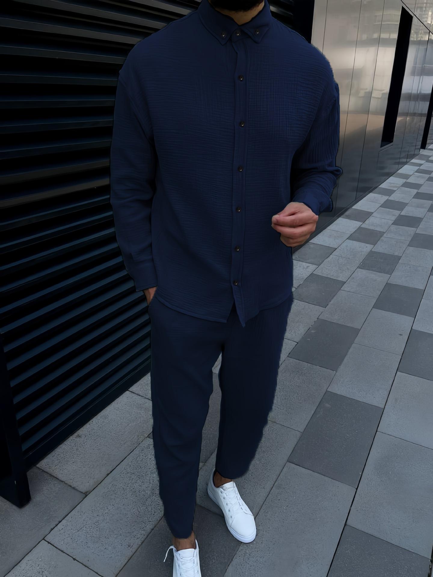 2025 Осень Мужской Повседневный Костюм С Помятым Пузырем С Длинными Рукавами Модная Рабочая Одежда Длинные Брюки Комплект Из Двух Частей Импортная Торговля 2XL темно-синий