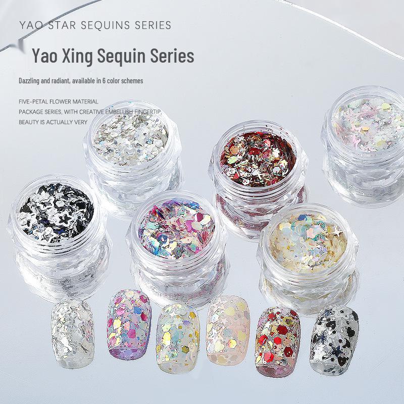 Yao Xing Nail Art Glitter Mix: Coarse & Fine Sequins, Five-Pointed Stars, Irregular Hexagons
Yao Xing Nail Art Glitter Mix: Coarse & Fine Sequins, Five-Pointed Stars, Irregular Hexagons