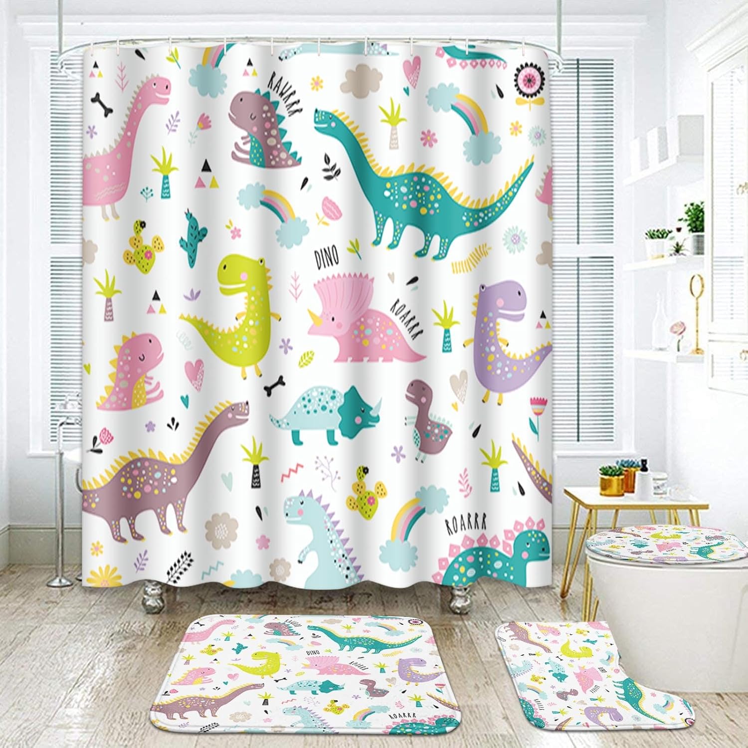Dinosaur Bathroom Waterproof Shower Curtain Sets With Non-Slip Mat Rug Durable Bath Carpet Lid Toilet Cover Door Mats Bathing W60H190(CM)-1 Pcs
Dinosaur Bathroom Waterproof Shower Curtain Sets With Non-Slip Mat Rug Durable Bath Carpet Lid Toilet Cover Door Mats Bathing W60H190(CM)-1 Pcs