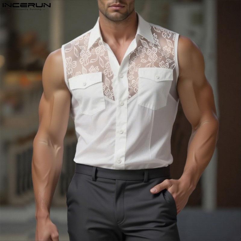 INCERUN Summer Men Lapel Sleeveless Lace Patchwork Buttons Casual Tank Tops S чорний
INCERUN Summer Men Lapel Sleeveless Lace Patchwork Buttons Casual Tank Tops S чорний