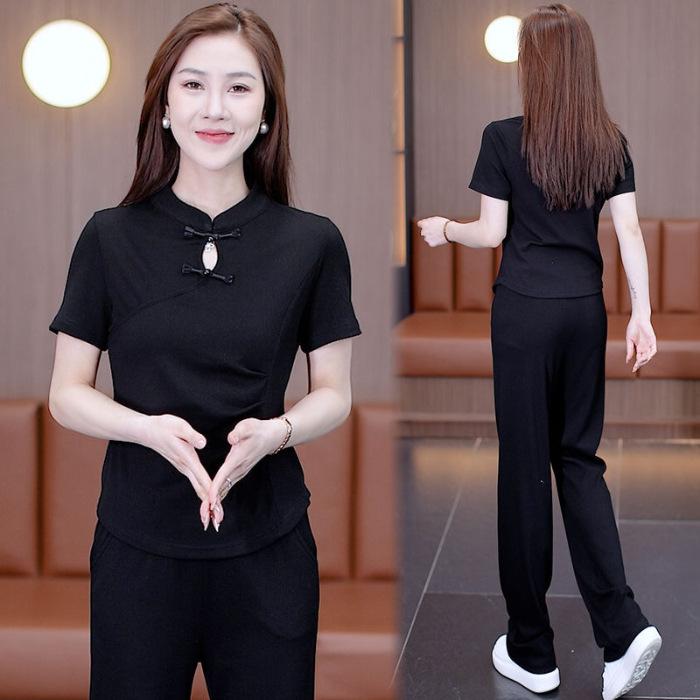 Chinese Style Casual Sports Suit for Women Summer Fashion National Style Buckle Top Wide Leg Pants Two Piece Set 4XL
Chinese Style Casual Sports Suit for Women Summer Fashion National Style Buckle Top Wide Leg Pants Two Piece Set 4XL