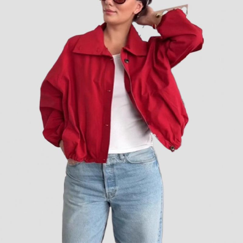 European-American Solid Red Casual Stand Collar Jacket Large
European-American Solid Red Casual Stand Collar Jacket Large