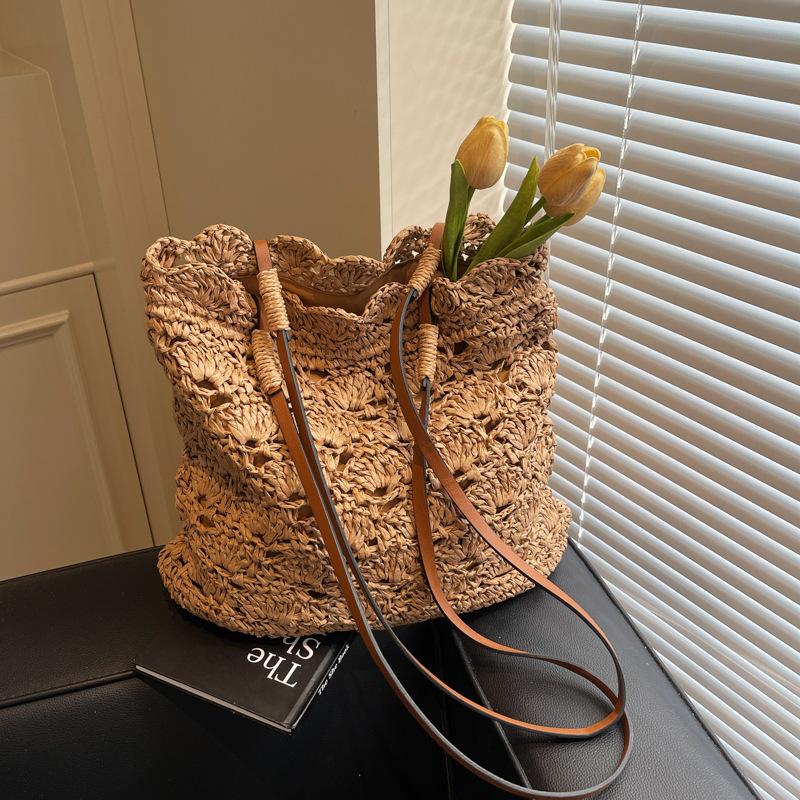 Новая вязаная крючком плетеная сумка через плечо Женская ручная соломенная сумка Пляжная сумка для морского отдыха Летняя пляжная сумка на одно плечо хаки