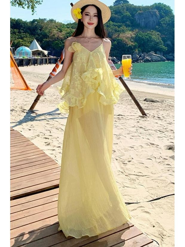 Yellow Ruffled V-Neck Spaghetti Strap Irregular Long Dress for Women - Spring/Summer Beach Vacation Style Small жёлтый
Yellow Ruffled V-Neck Spaghetti Strap Irregular Long Dress for Women - Spring/Summer Beach Vacation Style Small жёлтый