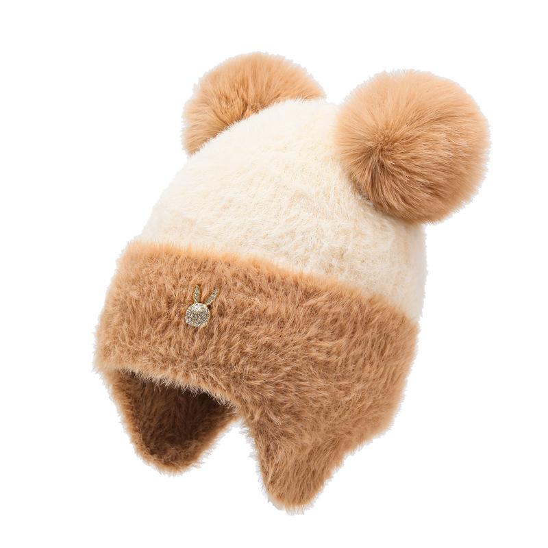 Флисовая зимняя вязаная шапка с защитой ушей, шапка с двойным шерстяным помпоном, шерстяная шапка, облегающая голову, подчеркивающая лицо, маленькая утолщенная теплая шапка one size