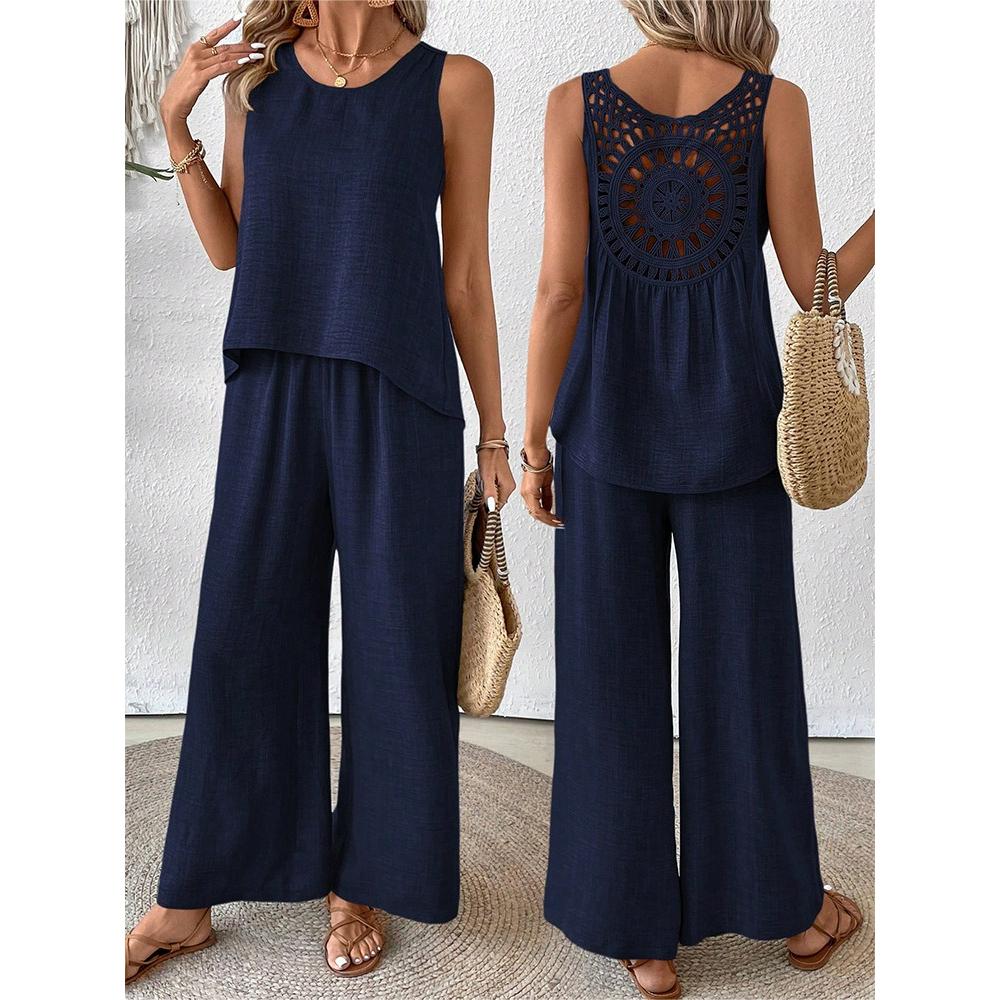 Women s Spring and Summer Solid Color Hollow Lace Two-piece Casual Vest, Wide-leg Pants, Trousers, European and American Style 2XL темно-синього кольору
Women s Spring and Summer Solid Color Hollow Lace Two-piece Casual Vest, Wide-leg Pants, Trousers, European and American Style 2XL темно-синього кольору