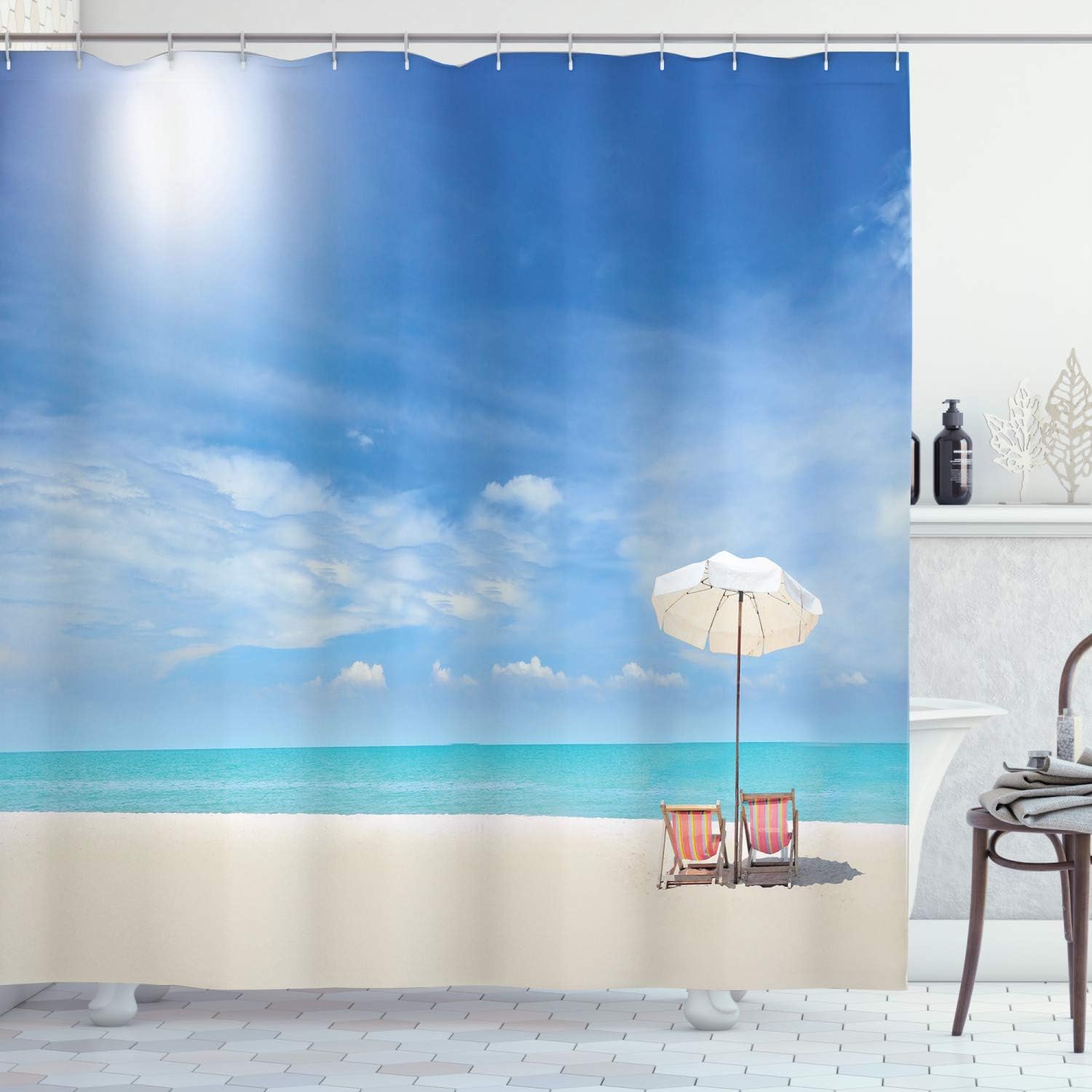 Beach Scene Shower Curtain Ocean View Paradise Tropical Beach Decor Sun Umbrella Chairs Blue Sky Sea Bathroom Set W60H190(CM)-1 Pcs
Beach Scene Shower Curtain Ocean View Paradise Tropical Beach Decor Sun Umbrella Chairs Blue Sky Sea Bathroom Set W60H190(CM)-1 Pcs
