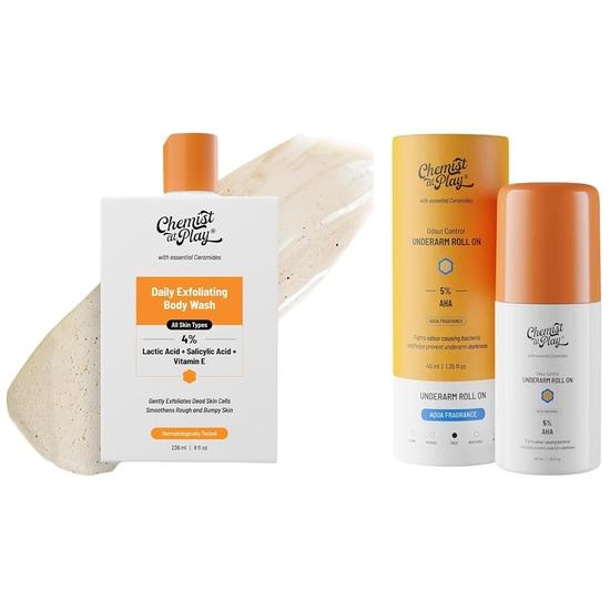 Chemist at Play Роликовый дезодорант для подмышек с 5% AHA, молочной кислотой и 1% миндальной кислотой 40 мл и Chemist At Play Отшелушивающий гель для душа с 1% салициловой кислотой 236 мл
Chemist at Play Роликовый дезодорант для подмышек с 5% AHA, молочной кислотой и 1% миндальной кислотой 40 мл и Chemist At Play Отшелушивающий гель для душа с 1% салициловой кислотой 236 мл