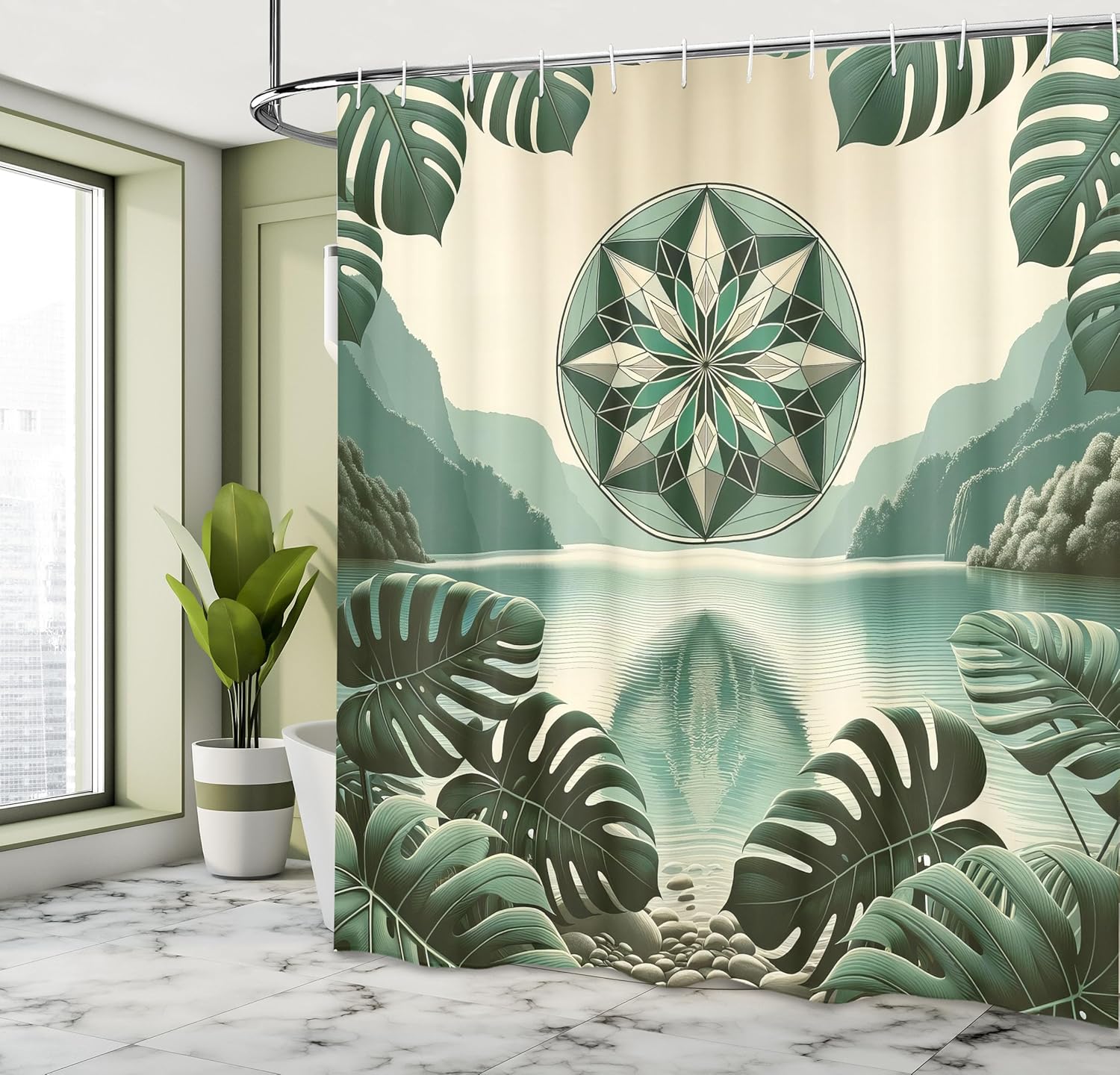 Sage Green Shower Curtain, Tropical Dream Of Monstera Ornate Peaceful Lake Mountains Floral Mandala, Cloth Fabric Bath W60H190(CM)-1 Pcs
Sage Green Shower Curtain, Tropical Dream Of Monstera Ornate Peaceful Lake Mountains Floral Mandala, Cloth Fabric Bath W60H190(CM)-1 Pcs