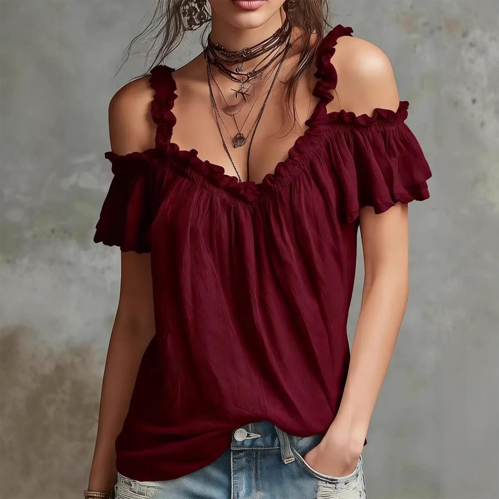Women Off Shoulder Ruffle Sleeve Blouse Loose Fit Summer Top Casual Lightweight Pullover Shirt for Daily Wear L винный
Women Off Shoulder Ruffle Sleeve Blouse Loose Fit Summer Top Casual Lightweight Pullover Shirt for Daily Wear L винный