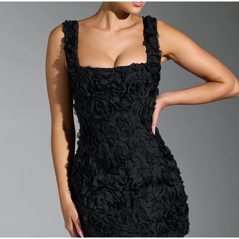 Лето 2025 года, сексуальное квадратное воротничок, 3D-цветок, облегающее, без рукавов, без бретелек, короткое платье, модная женская одежда, мини-платья L чёрный