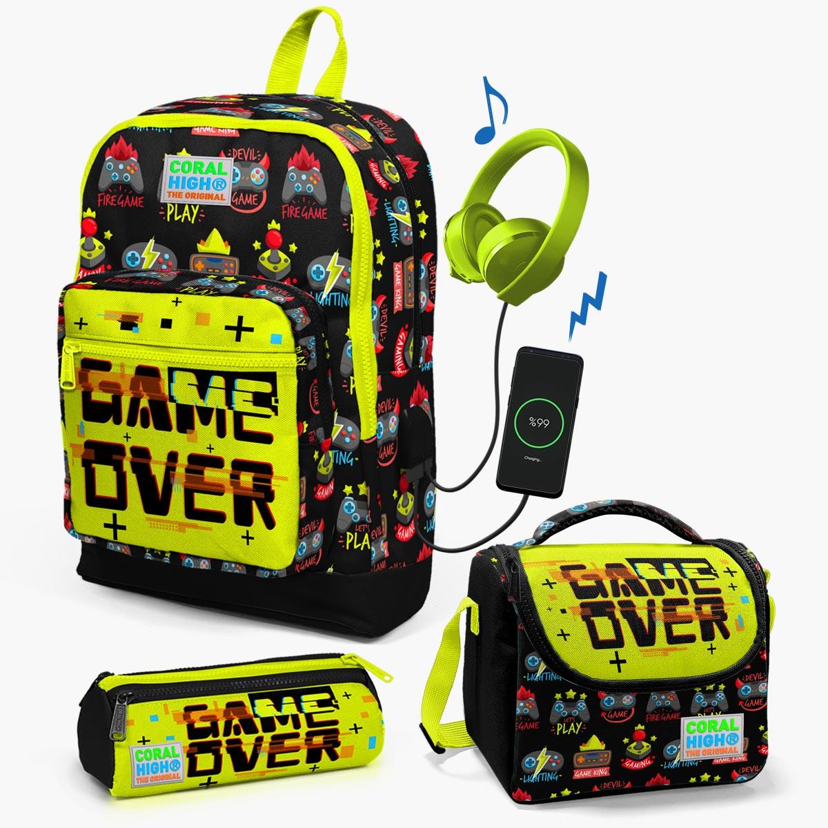Коралловый детский черный неоновый желтый школьный рюкзак с рисунком Game Over из трех предметов с USB SET0123828
Коралловый детский черный неоновый желтый школьный рюкзак с рисунком Game Over из трех предметов с USB SET0123828