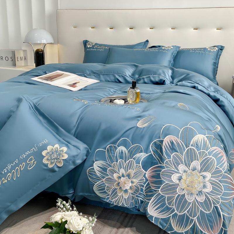 Комплект постельного белья из ледяного шелка, четырехпредметный, вышивка, приятный к коже, дышащий, удобный, простыня, пододеяльник, наволочка 2.0m bed