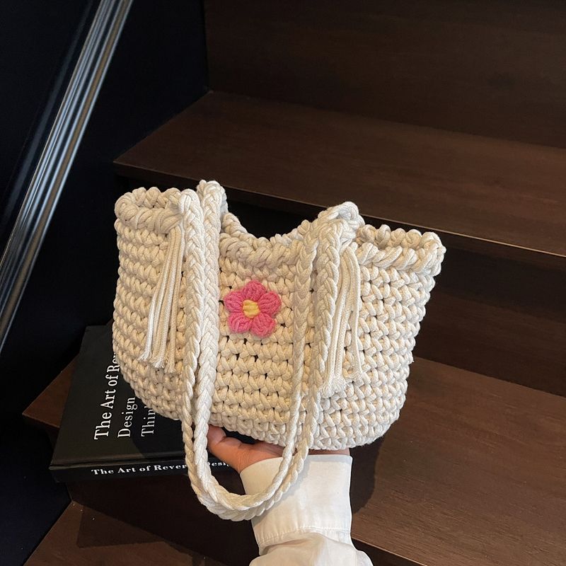 Соломенная плетеная сумка-тоут через плечо с цветочным декором для женщин - Весенне-летний пляжный отпускной стиль бежевый