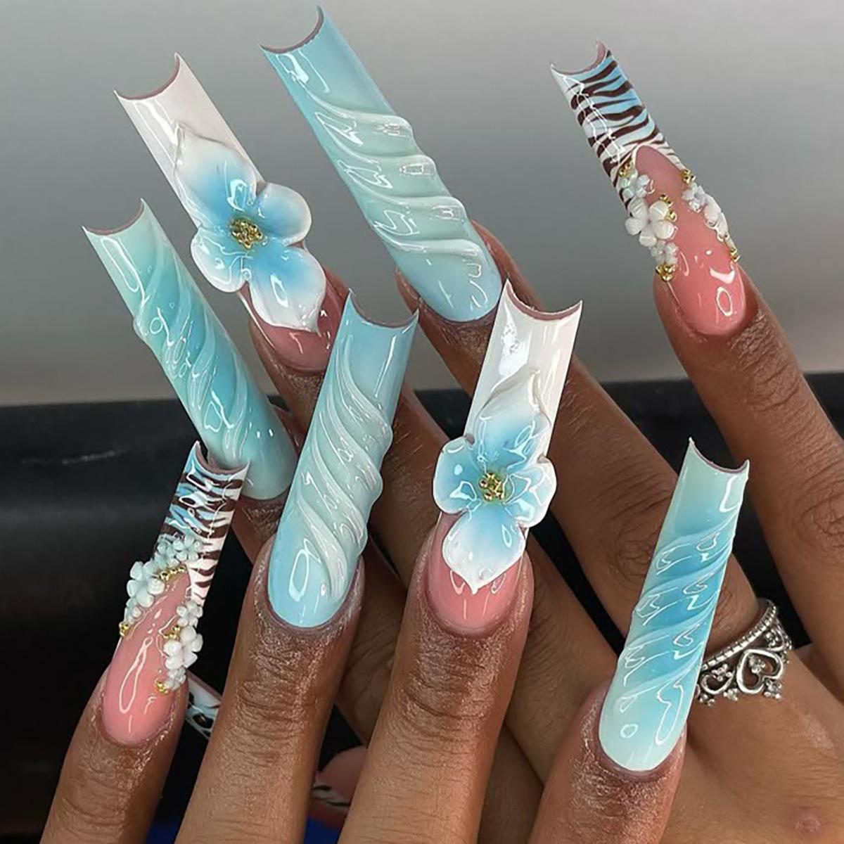 24Pcs Extra Long Square Press On Nails, Nude with Blue Gradient & 3D Embossed Flower Fake Nails United States
24Pcs Extra Long Square Press On Nails, Nude with Blue Gradient & 3D Embossed Flower Fake Nails United States