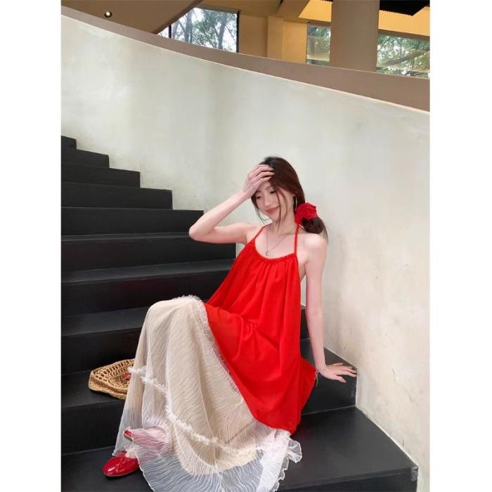 Red Off-the-Shoulder Halterneck Chiffon Top + Wide-Leg Skirt Two-Piece Set Medium
Red Off-the-Shoulder Halterneck Chiffon Top + Wide-Leg Skirt Two-Piece Set Medium