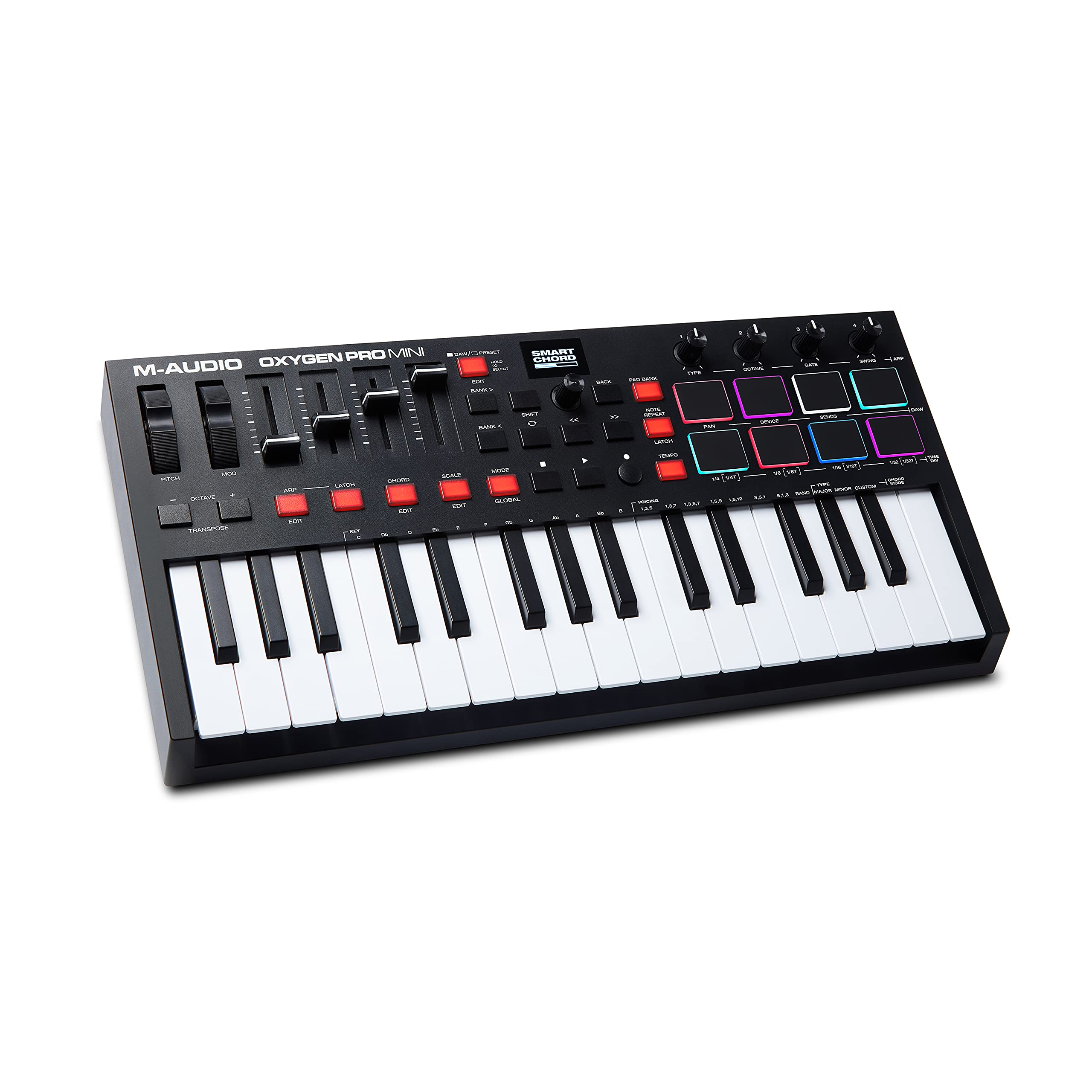 M-Audio 32-клавишная USB MIDI-клавиатура с чувствительными к скорости нажатия пэдами, назначаемыми MIDI-кнопками и назначаемыми фейдерами. Включает в себя обширный
M-Audio 32-клавишная USB MIDI-клавиатура с чувствительными к скорости нажатия пэдами, назначаемыми MIDI-кнопками и назначаемыми фейдерами. Включает в себя обширный