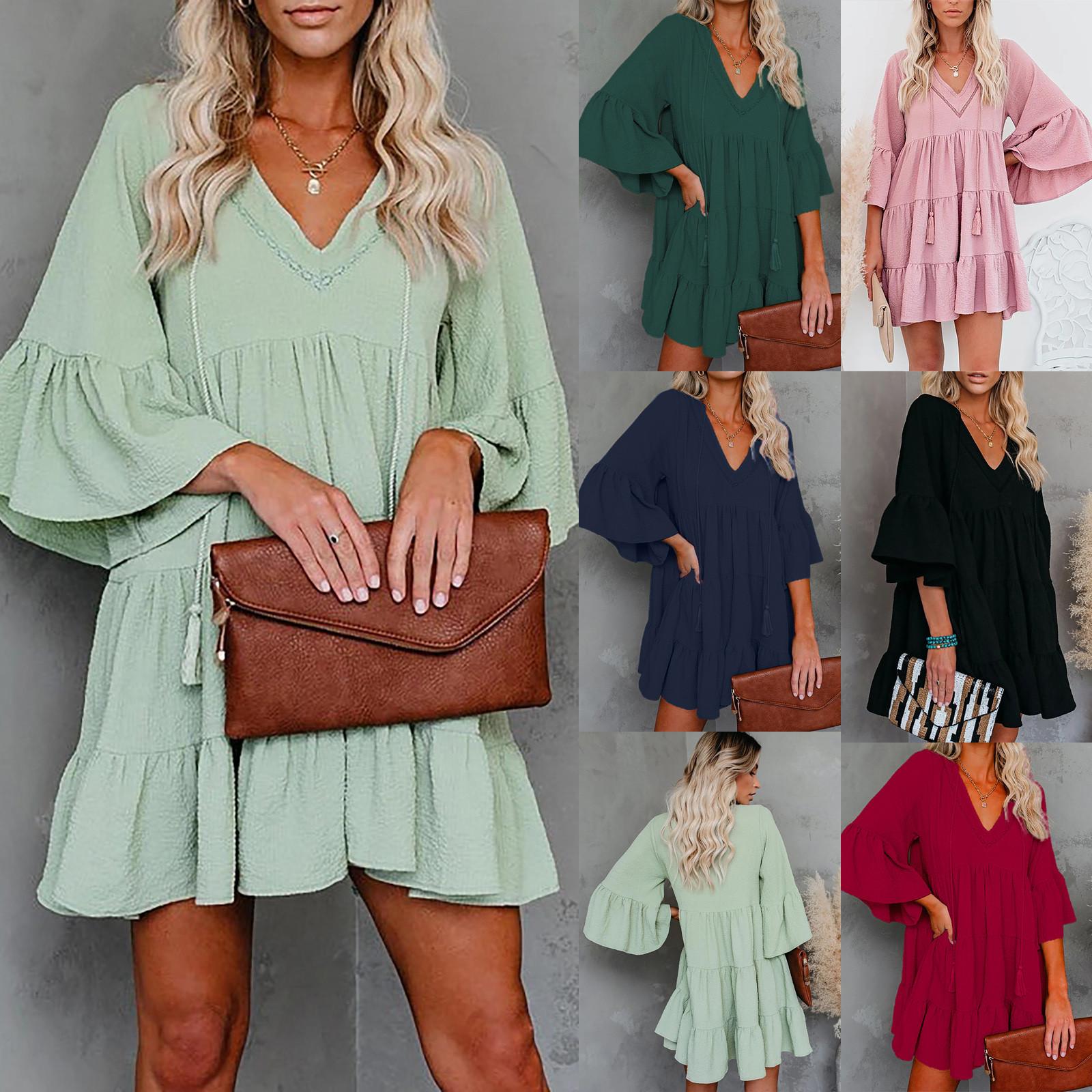 Женское однотонное платье со свободными расклешенными рукавами и рюшами на шнуровке и кисточками с v-образным вырезом
Женское однотонное платье со свободными расклешенными рукавами и рюшами на шнуровке и кисточками с v-образным вырезом