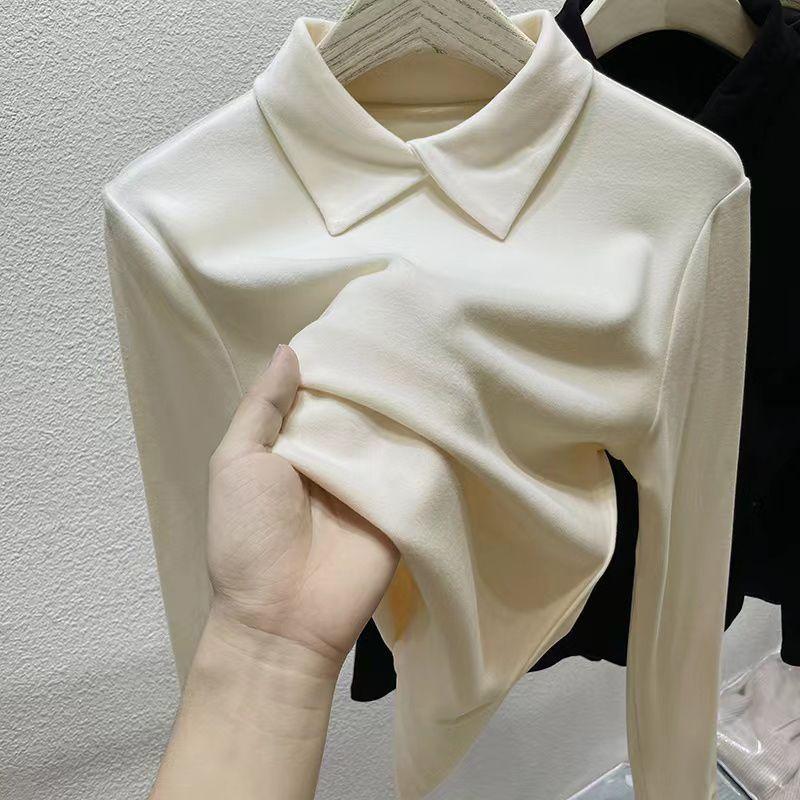 Осень и Зима Женская Двусторонняя Бархатная Базовая Рубашка Мягкая Приятная к Коже Базовая Рубашка с Воротником Поло Приталенный Крой Теплый Однотонный Эластичный Пуловер Топ 2XL бежевый