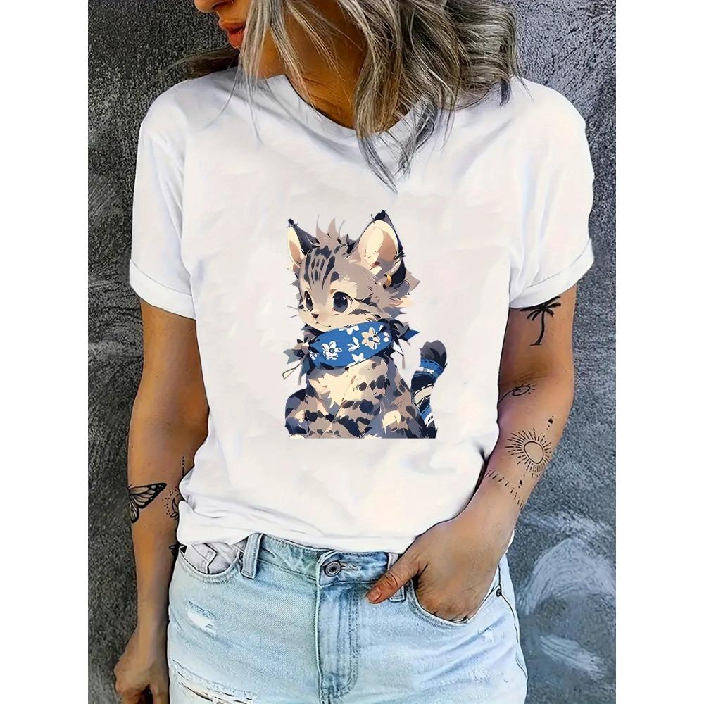 Cartoon Cat Print Casual Short Sleeve T-Shirt for Women Round Neck Animal Pattern Comfort Fashionable Casual Summer Clothing S
Cartoon Cat Print Casual Short Sleeve T-Shirt for Women Round Neck Animal Pattern Comfort Fashionable Casual Summer Clothing S