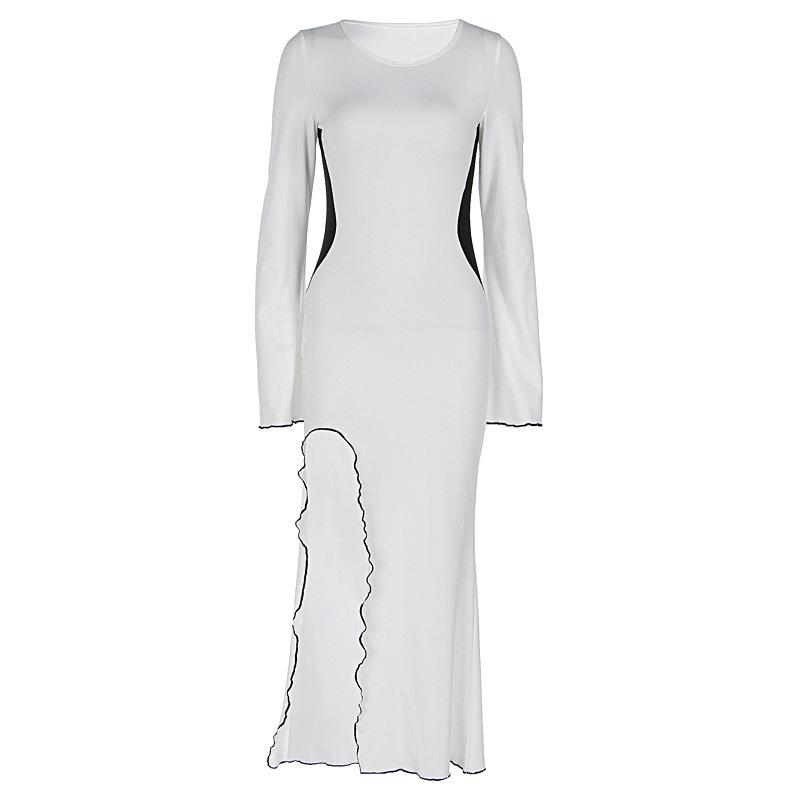 Осень, Новый Стиль, Модный Приталенный Крой, Темпераментная Юбка с Облеганием Бедер, Присборенная Талия для Похудения, Рукава-клеш, Платье с Разрезом M белый