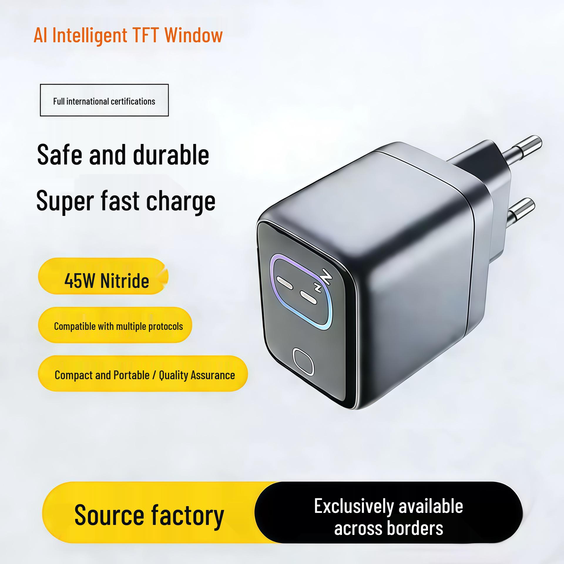 45W GaN Fast Charger with AI Smart Screen for Tablets and Phones EU Plug
45W GaN Fast Charger with AI Smart Screen for Tablets and Phones EU Plug