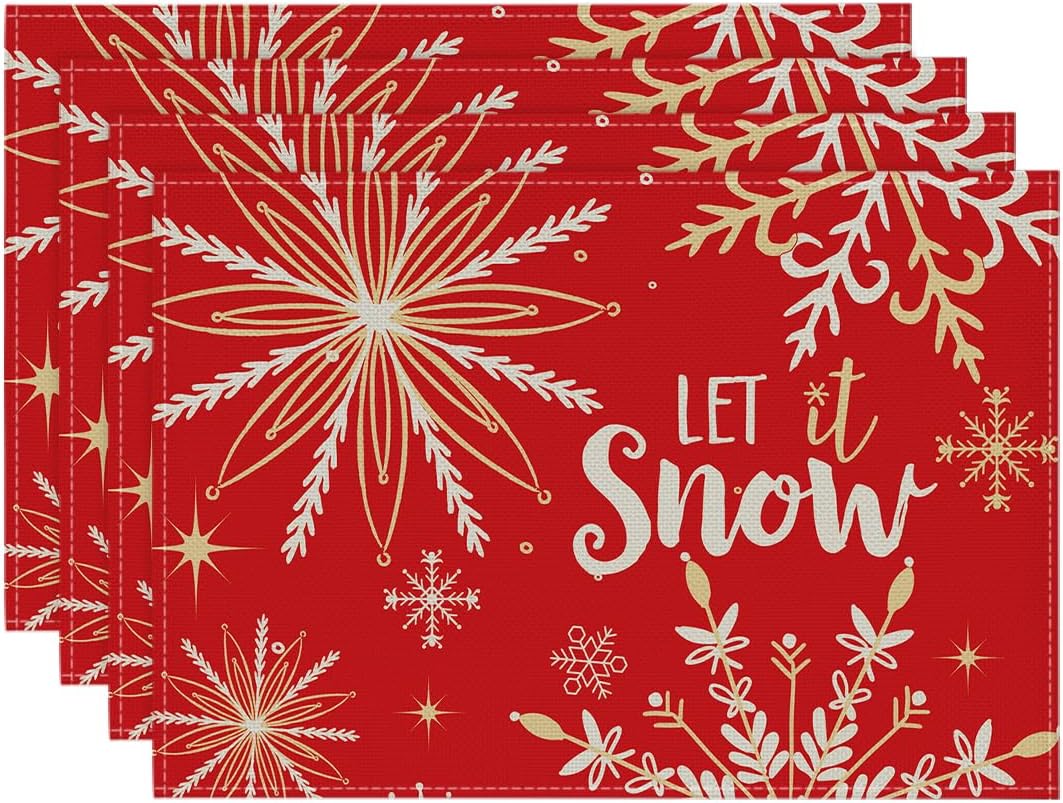 Beige Snowflake Let It Snow Winter Placemats Set of 4 12x18 Inch Christmas Table Mats for Party Kitchen Dining Decor 4pcs
Beige Snowflake Let It Snow Winter Placemats Set of 4 12x18 Inch Christmas Table Mats for Party Kitchen Dining Decor 4pcs