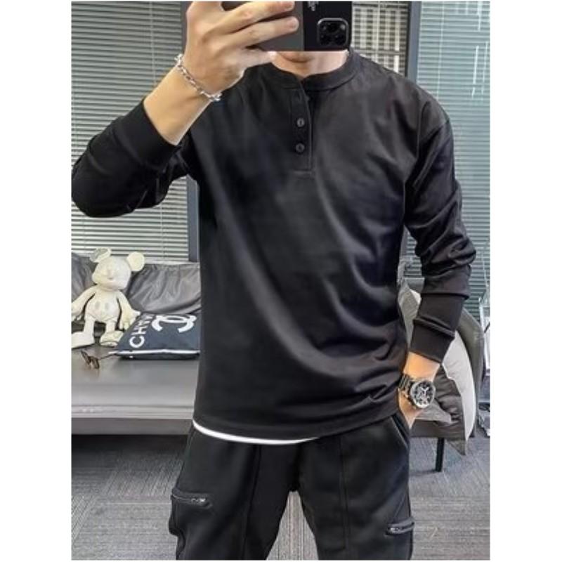Мужская весенняя тонкая футболка в стиле ретро с длинными рукавами, молодежные топы с воротником-стойкой, однотонные топы для поездок на работу XS чёрный