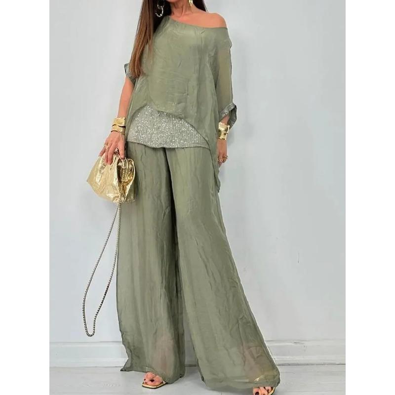 Summer Sequin Patchwork Casual Set Women Casual Round Neck Pullover Wide Leg Pants Suit Batwing Sleeve Loose Outfit S зелёный
Summer Sequin Patchwork Casual Set Women Casual Round Neck Pullover Wide Leg Pants Suit Batwing Sleeve Loose Outfit S зелёный