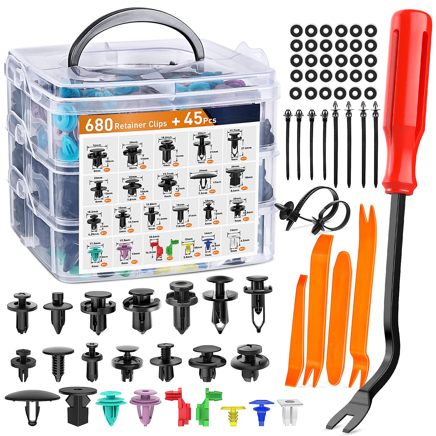 GOOACC 725pcs Car Push Retainer Clips & Auto Fastener Assortment - 23 Most Popular Sizes with 10 Nylon Cable Ties and Fastener Remover for Toyota GM
GOOACC 725pcs Car Push Retainer Clips & Auto Fastener Assortment - 23 Most Popular Sizes with 10 Nylon Cable Ties and Fastener Remover for Toyota GM