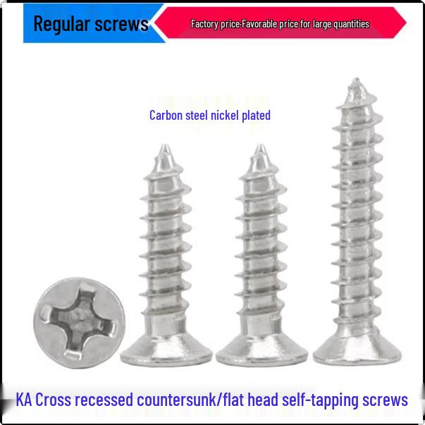 KA Nickel Plated Phillips Head Countersunk Self-Tapping Screw, Flat Head, Sizes: M2.8×6-12. 6mm【1000 pieces】
KA Nickel Plated Phillips Head Countersunk Self-Tapping Screw, Flat Head, Sizes: M2.8×6-12. 6mm【1000 pieces】