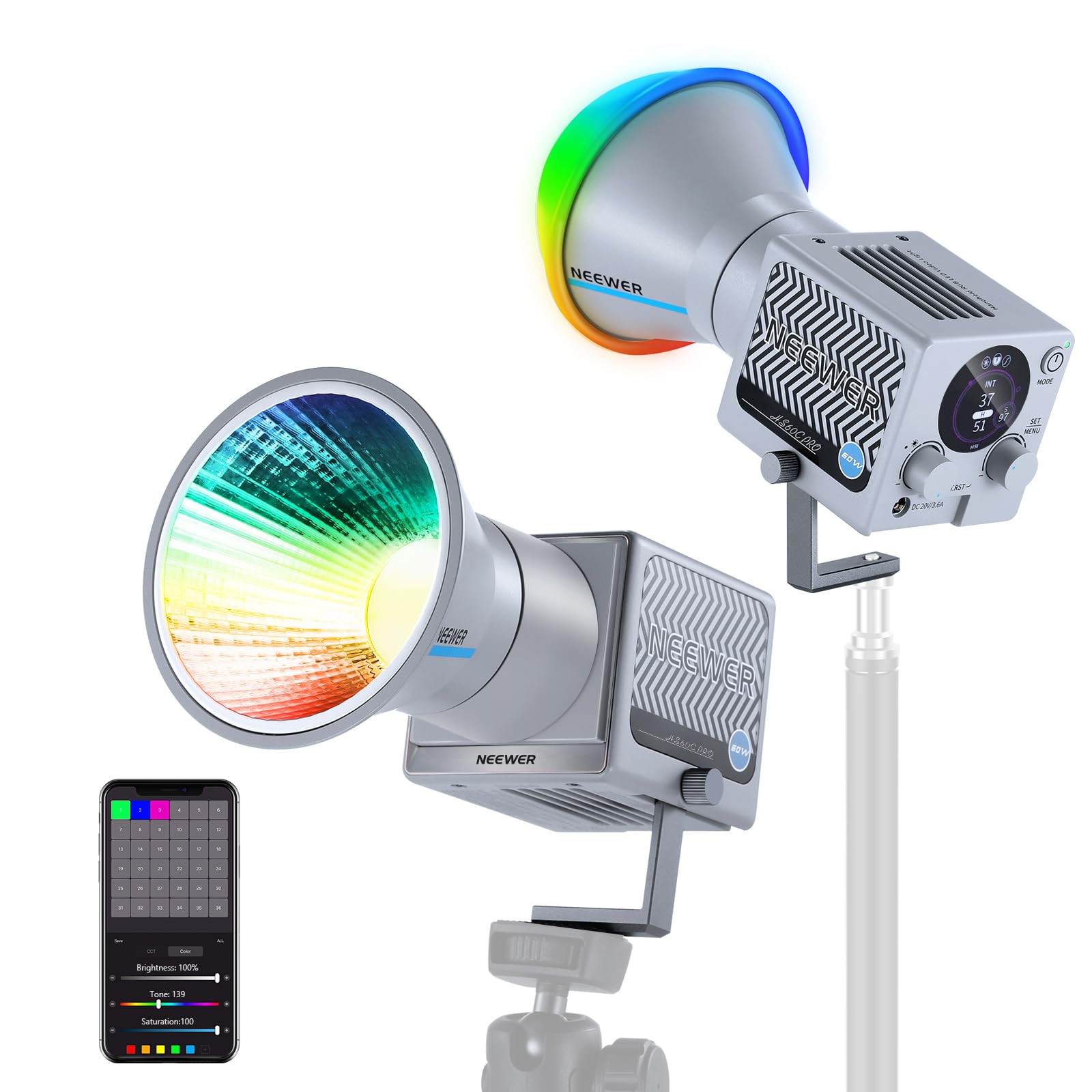NEEWER HS60C Pro RGB LED Video Light 60W Dimmable Full Color CRI97+ APP DMX Panel Control Custom Effects Lightweight Handheld Studio Portrait Video
NEEWER HS60C Pro RGB LED Video Light 60W Dimmable Full Color CRI97+ APP DMX Panel Control Custom Effects Lightweight Handheld Studio Portrait Video