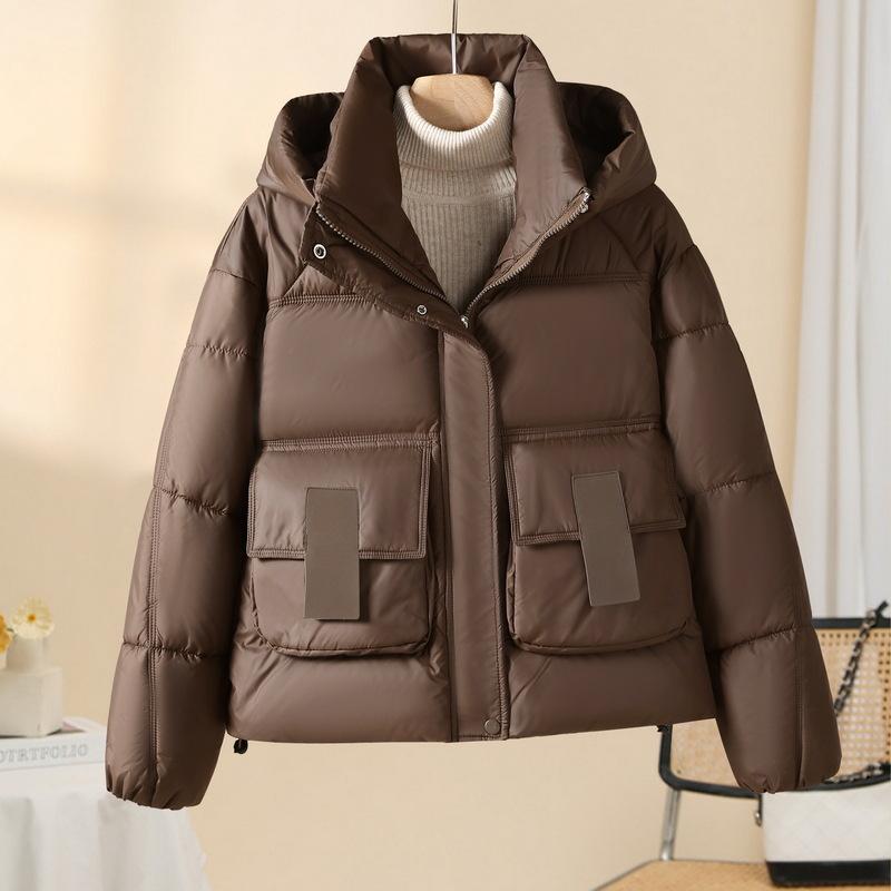 Свободная теплая хлопковая куртка с капюшоном женская короткая 2025 зима корейская версия хлопковая одежда женская куртка-пуховик XXL кофейный