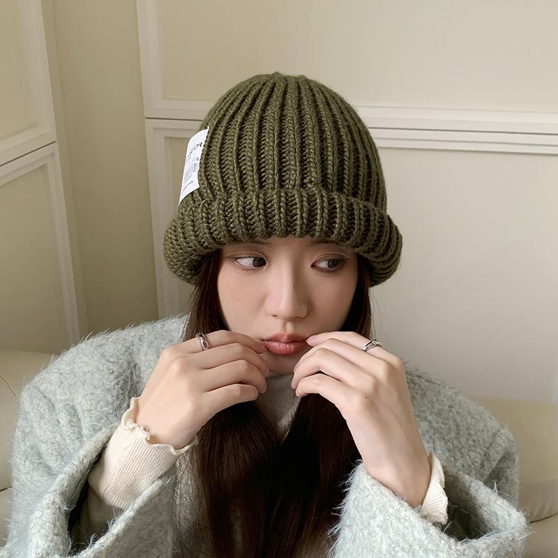 Шляпа женская осенне-зимняя модная шерстяная шляпа модная теплая универсальная шапка от холода свободная большой окружности головы показывающая лицо маленькая вязаная шапка мужская Adult (56-58cm) армия зеленый