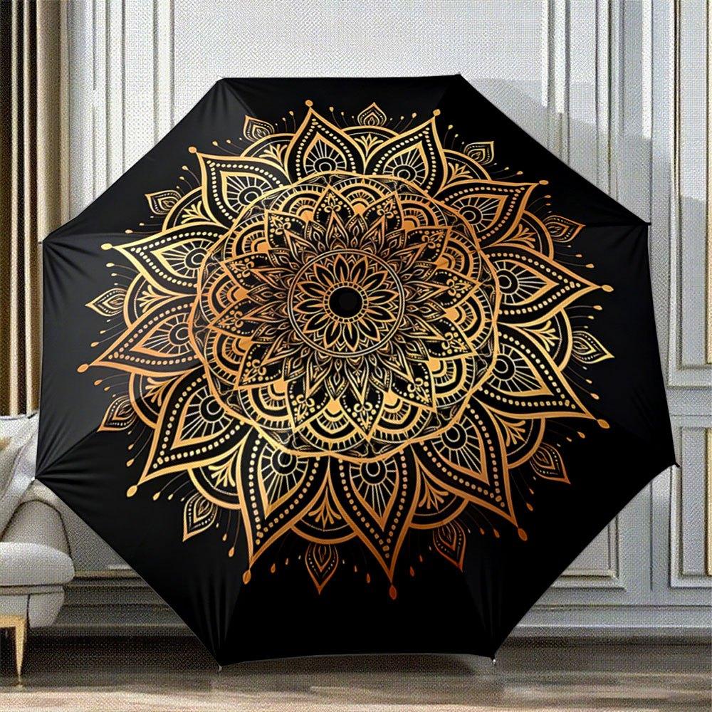 A Collapsible Automatic Umbrella Featuring a Golden Mandala Pattern Against a Black Backdrop. It S a Convenient Outdoor Access
A Collapsible Automatic Umbrella Featuring a Golden Mandala Pattern Against a Black Backdrop. It S a Convenient Outdoor Access