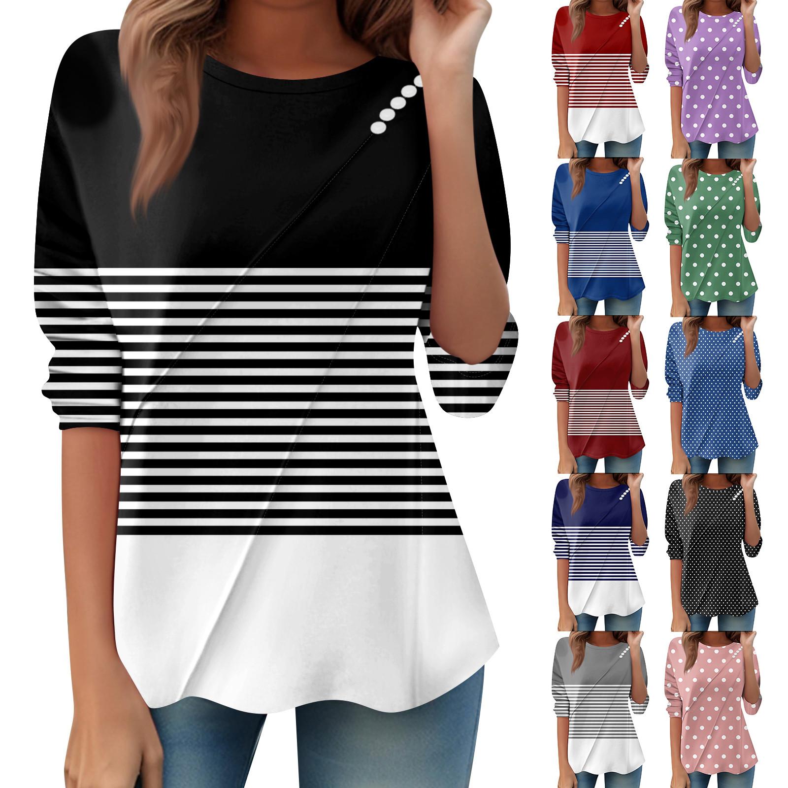 Women s Loose Casual Long Sleeve Top Round Neck Button Pull Stripe Prints T Shirt XXL 
Women s Loose Casual Long Sleeve Top Round Neck Button Pull Stripe Prints T Shirt XXL
