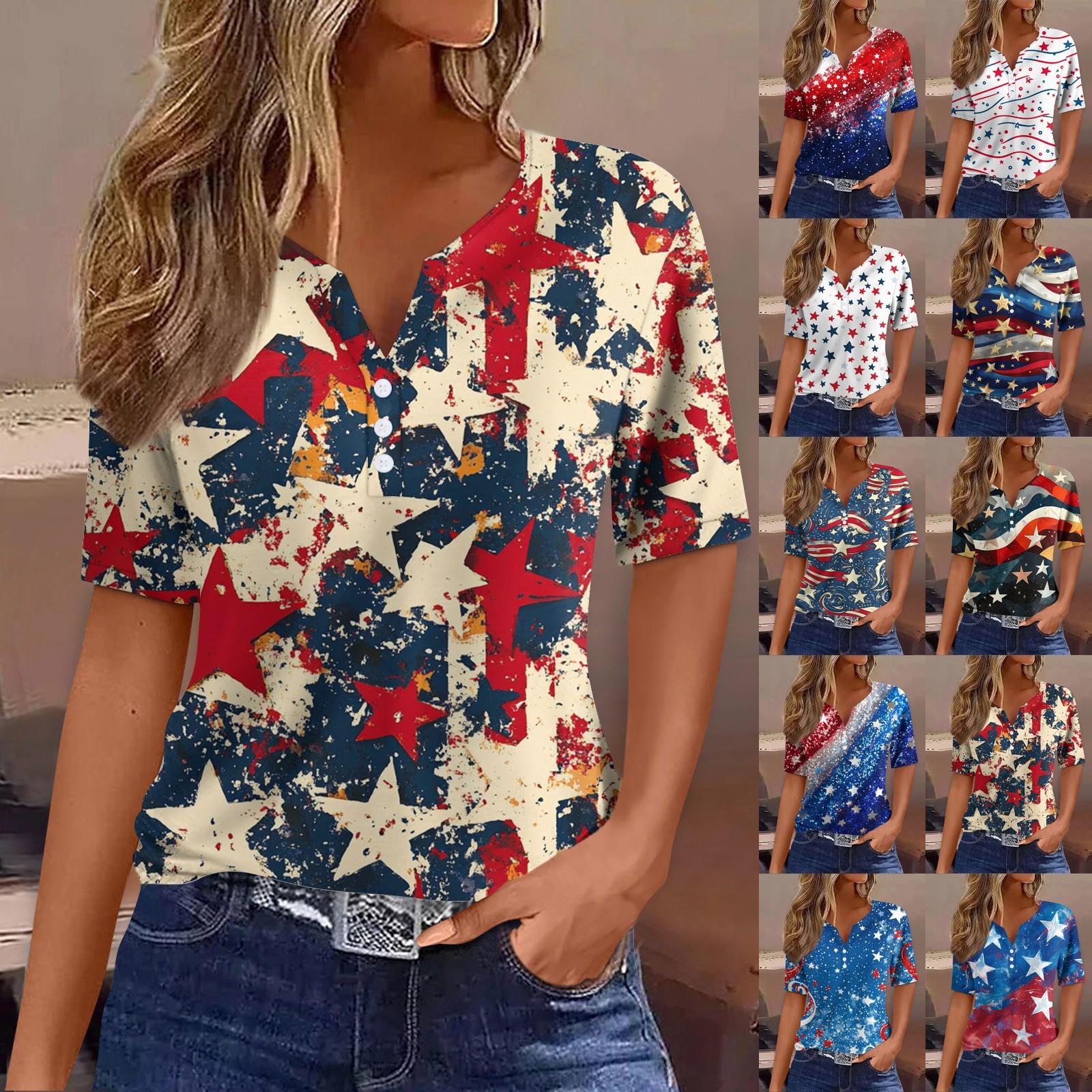Women s Fashion Casual Independence Day Print V-neck Short Sleeve Decorated Button T-shirt Top M
Women s Fashion Casual Independence Day Print V-neck Short Sleeve Decorated Button T-shirt Top M