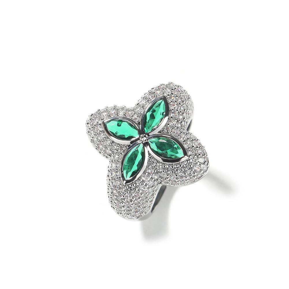 Four-leaf clover shape zircon ring, high-end niche full diamond flower shape green diamond jewelry ring. no. 10
Four-leaf clover shape zircon ring, high-end niche full diamond flower shape green diamond jewelry ring. no. 10