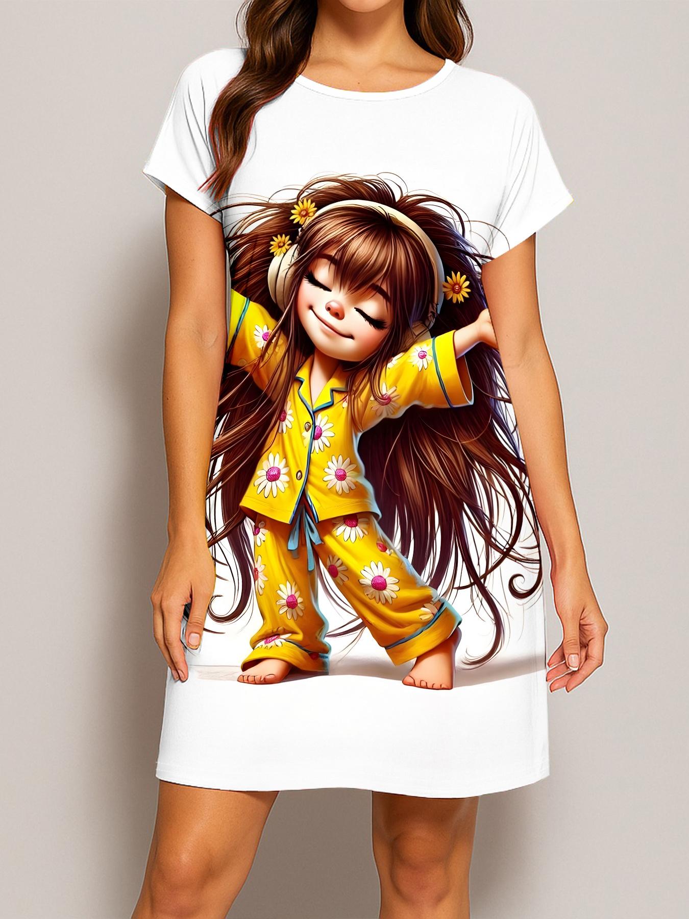 Cartoon in Daisy Pajamas with Headphones. Arms Outstretched Printed Nightgown Round Neck Short Sleeve Air Conditioning Room to Keep Warm. Loose F 8XL дубильна кора
Cartoon in Daisy Pajamas with Headphones. Arms Outstretched Printed Nightgown Round Neck Short Sleeve Air Conditioning Room to Keep Warm. Loose F 8XL дубильна кора