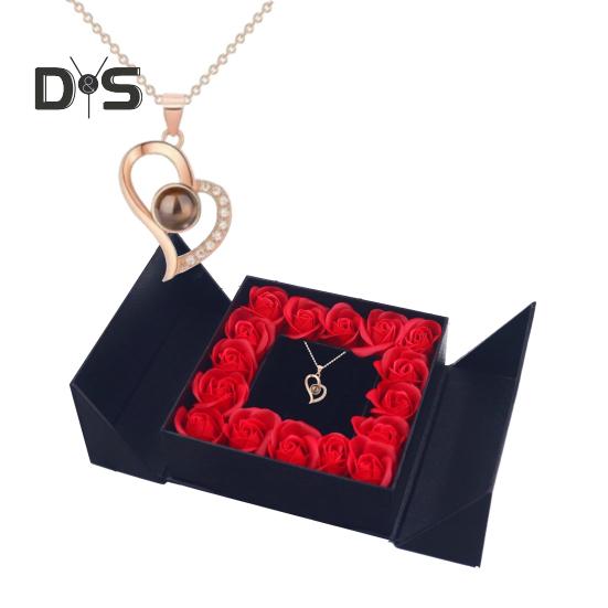 Женское ожерелье с подарочной коробкой, подвеска в виде сердца со стразами, 100 языков, проекция «Я люблю тебя», сплав, подарок на День святого Валентина для любимого партнера