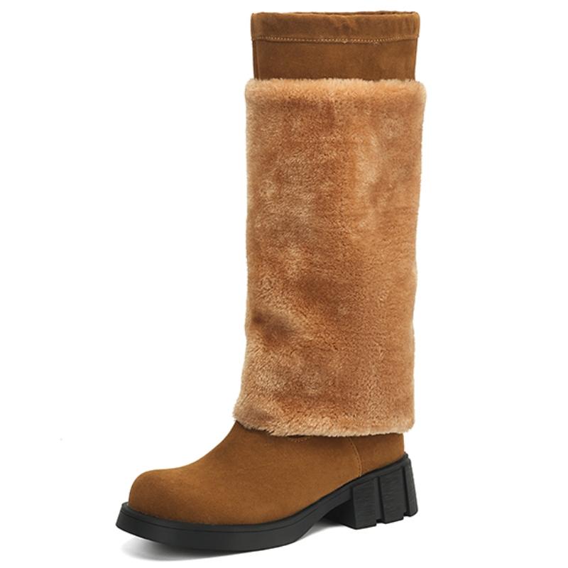 Теплые Меховые Сапоги до Колена Зимняя Обувь Новая Мода 2025 Флок Черный Серый Низкий Каблук Женские Длинные Сапоги Обувь Обувь Большой Размер 45 39 коричневый