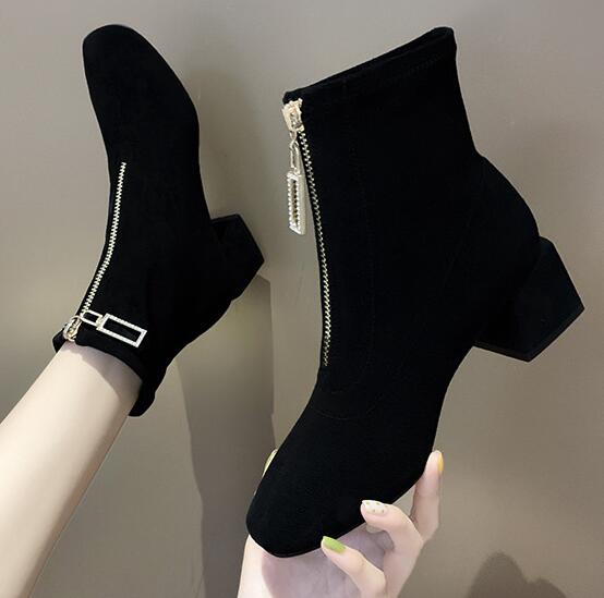 кристалл металл передняя молния женские сапоги для верховой езды все сочетаются черные короткие челси боты квадратный носок толстый каблук ботильоны обувь 5 чёрный