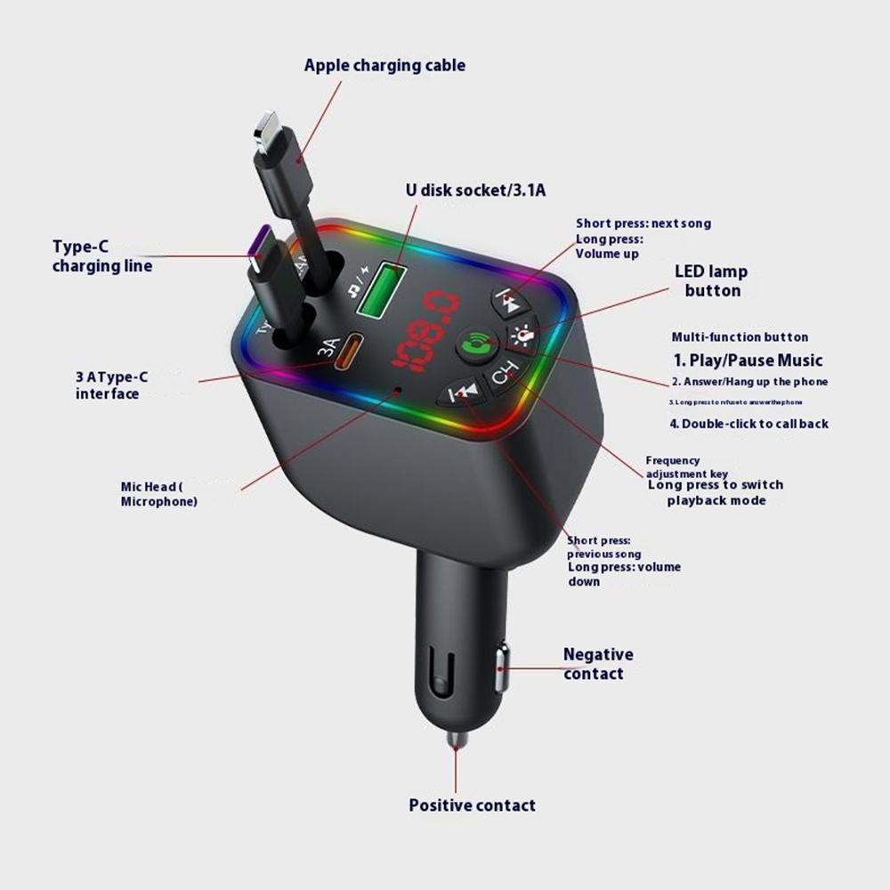 L5 Car Bluetooth-Compatible MP3 Player Hands Free Calling FM Transmitter Fast Charger with Retractable Type C+iP Cable A
L5 Car Bluetooth-Compatible MP3 Player Hands Free Calling FM Transmitter Fast Charger with Retractable Type C+iP Cable A