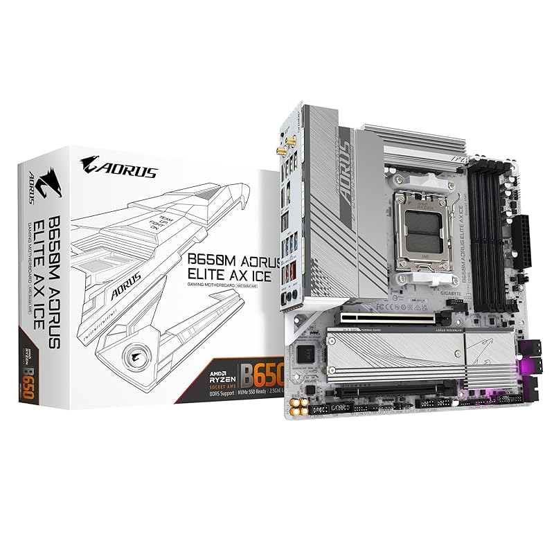 Материнська плата GIGABYTE B650M AORUS ELITE AX ICE, сумісна з материнською платою AMD Ryzen серії 7000, Socket AM5, DDR5, білого кольору, Micro-ATX, A MB6462
Материнська плата GIGABYTE B650M AORUS ELITE AX ICE, сумісна з материнською платою AMD Ryzen серії 7000, Socket AM5, DDR5, білого кольору, Micro-ATX, A MB6462