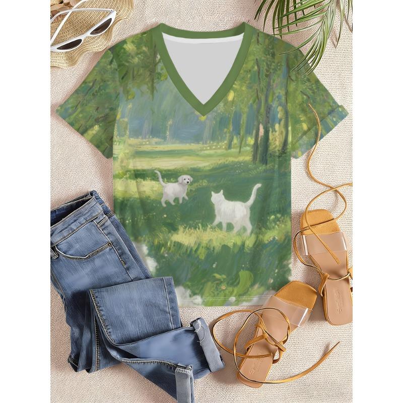 Women s 1pc V-Neck Short Sleeve T-Shirt, Fully Printed, Forest Oil Painting Style Cat And Dog Interaction Print S
Women s 1pc V-Neck Short Sleeve T-Shirt, Fully Printed, Forest Oil Painting Style Cat And Dog Interaction Print S