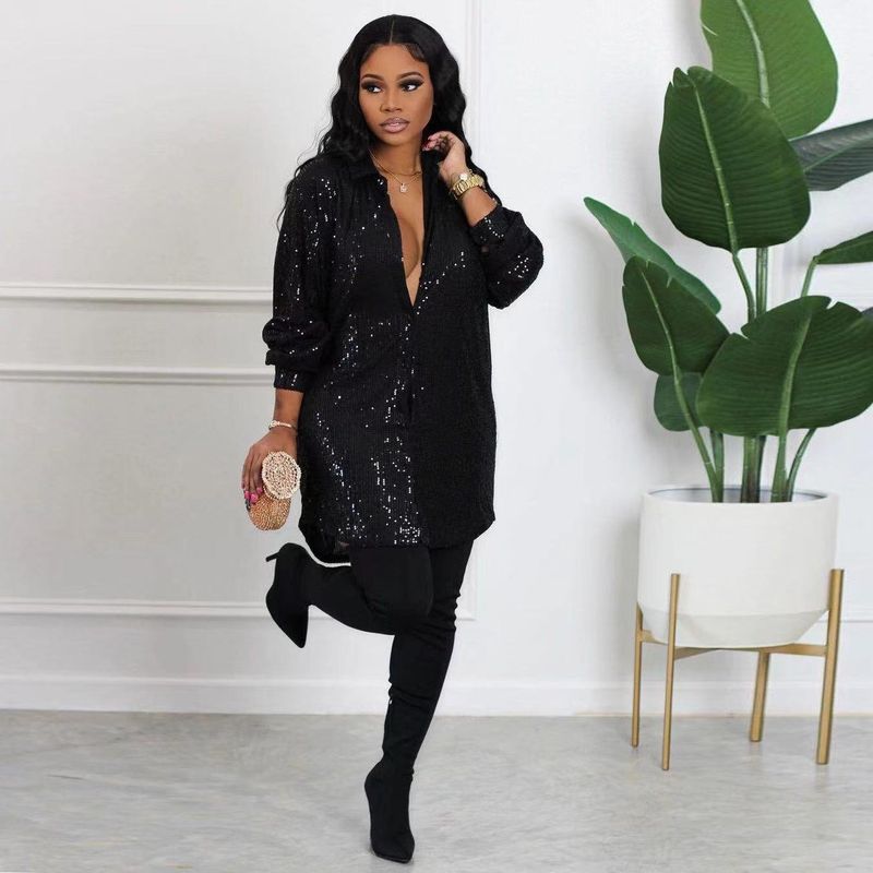 European and American-Style Fashionable Sequins Lapel Long Sleeve Shirt Top Black L
European and American-Style Fashionable Sequins Lapel Long Sleeve Shirt Top Black L
