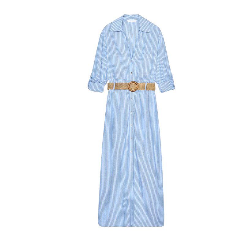 Spring and Summer New Women s Clothing Vacation Style Button Decoration with Belt Lapel Shirt Length Dress 2843798 Blue L
Spring and Summer New Women s Clothing Vacation Style Button Decoration with Belt Lapel Shirt Length Dress 2843798 Blue L