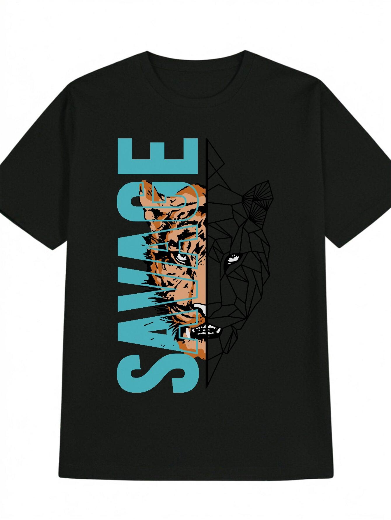 Casual Graphic T-shirt with Tiger Head & Blue SAVAGE Print - Black Round Neck Summer Tee M
Casual Graphic T-shirt with Tiger Head & Blue SAVAGE Print - Black Round Neck Summer Tee M