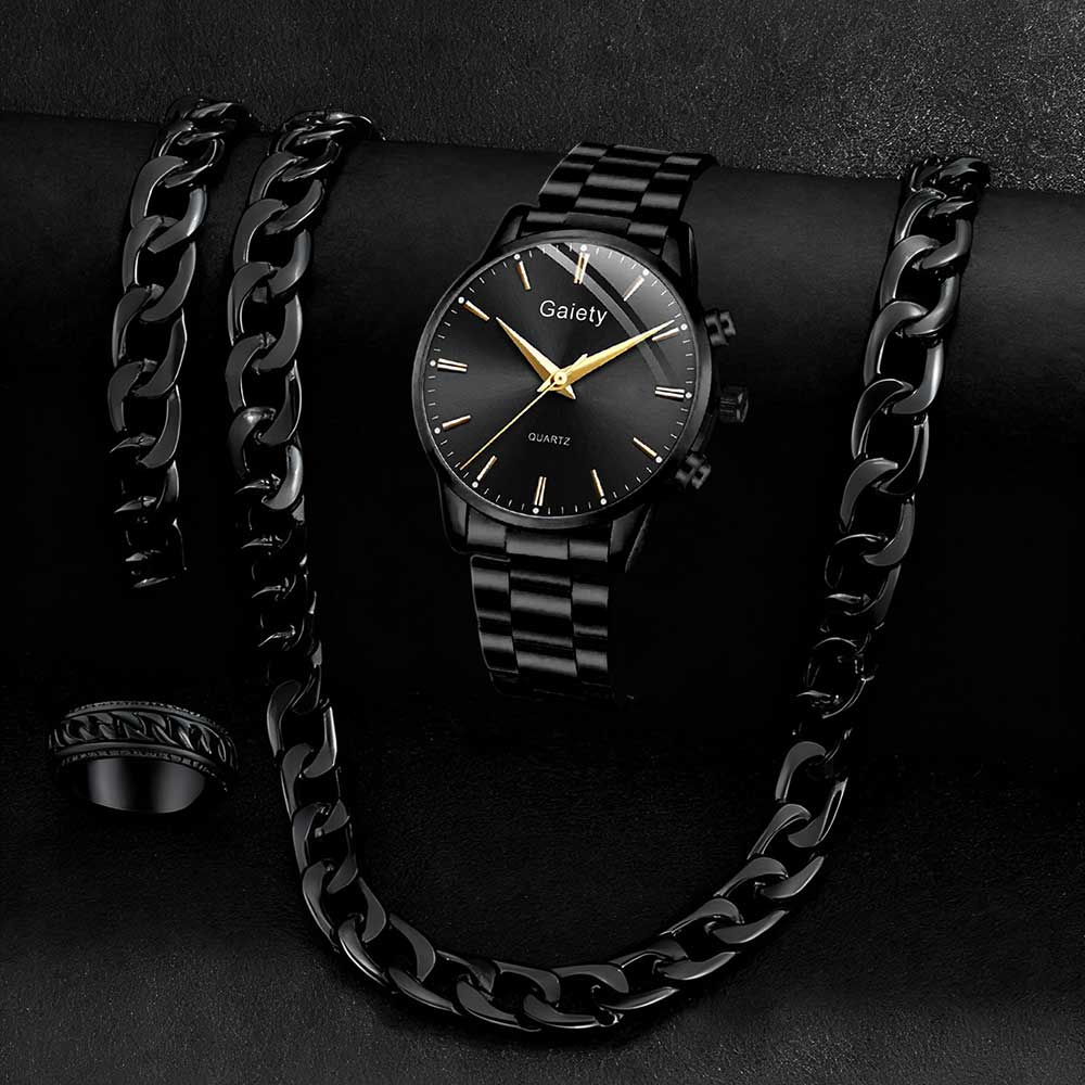 4PC Black Men s Watch Set Business Trendy Lines Scale Round Dial Quartz Watch Bracelet Necklace Ring Set Perfect Gift чёрный
4PC Black Men s Watch Set Business Trendy Lines Scale Round Dial Quartz Watch Bracelet Necklace Ring Set Perfect Gift чёрный